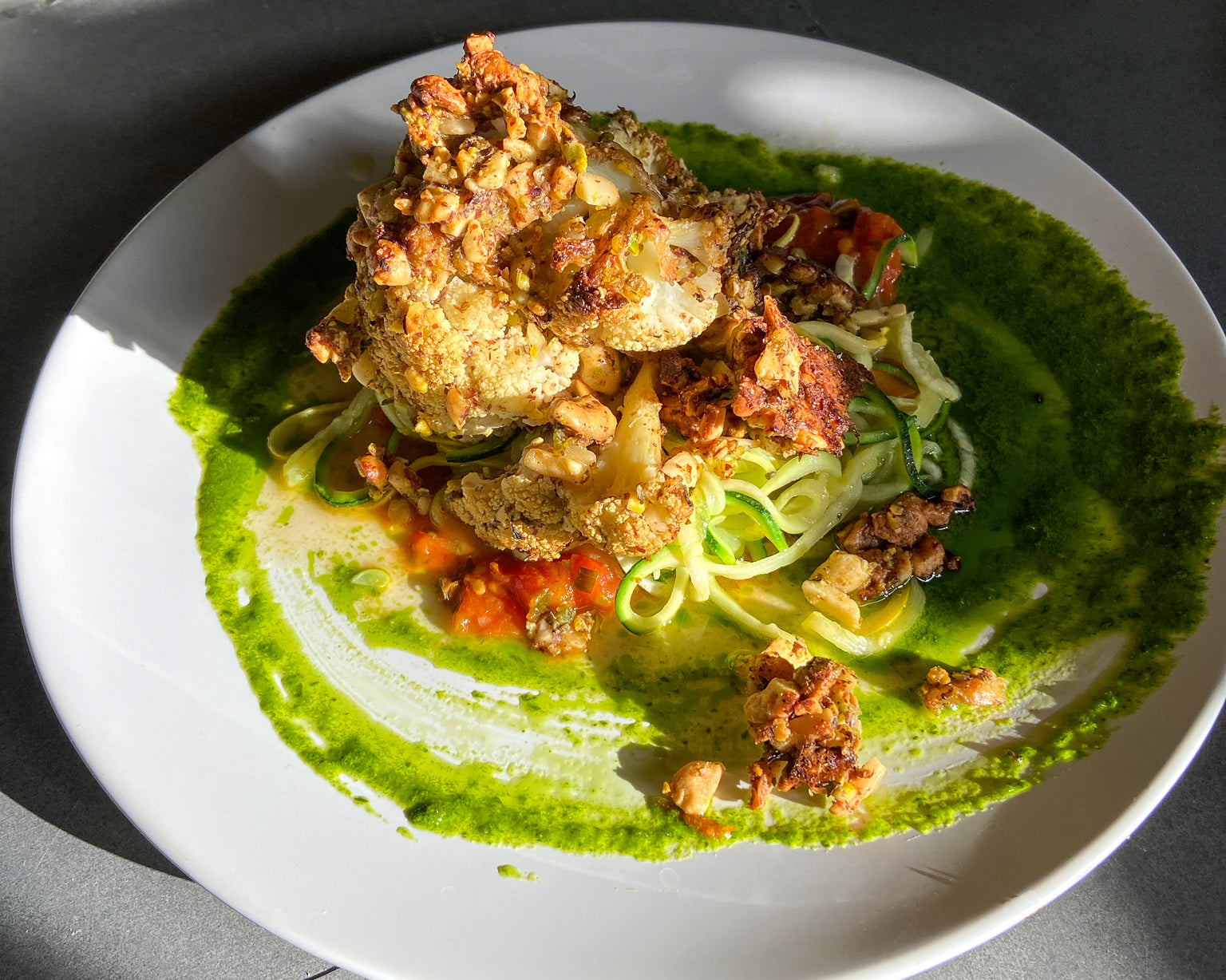 Vegan Crusted Cauliflower Over Squash Noodles