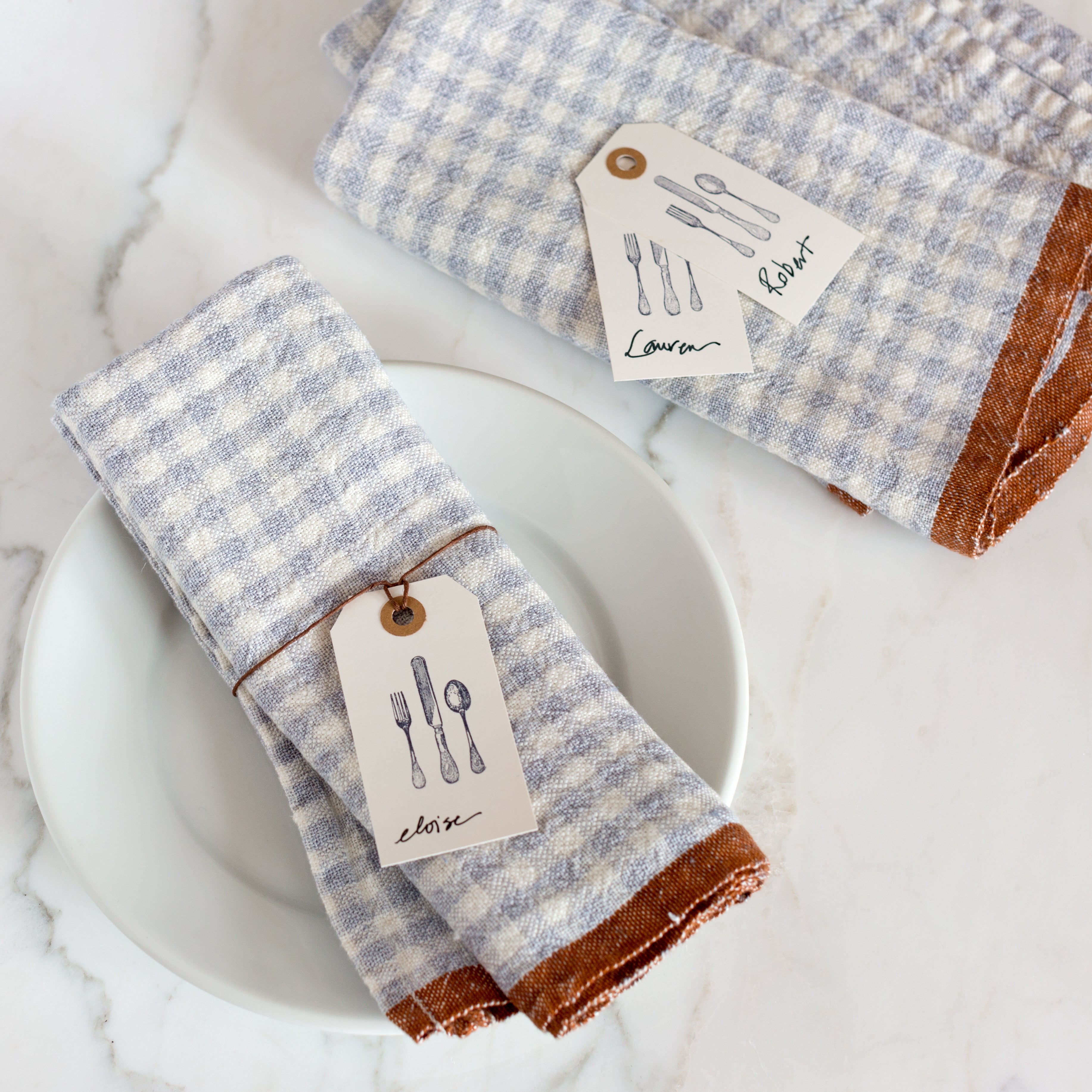 Two-Tone Gingham Blue & Cognac Napkins 20x20 - Set of 4