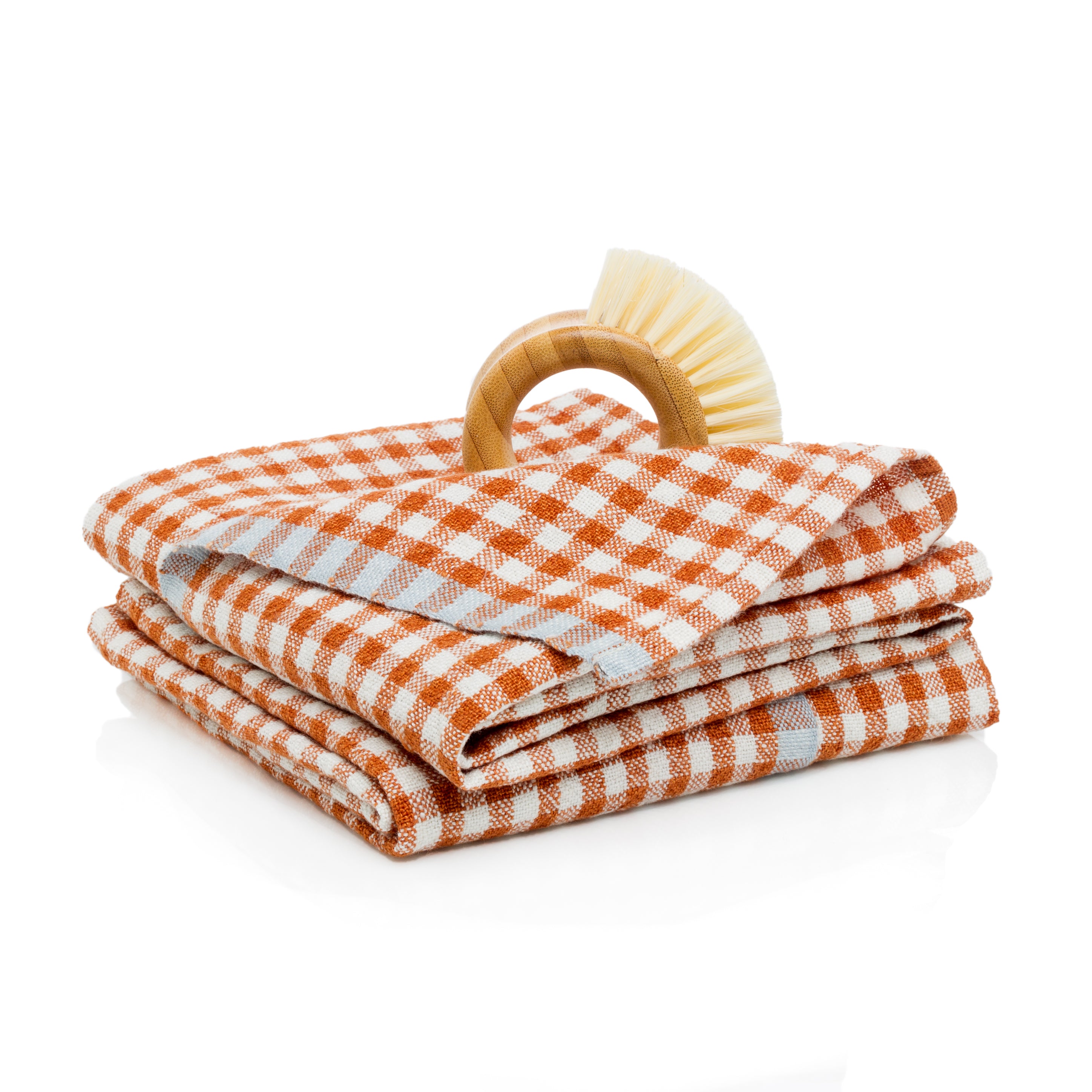 Two-Tone Gingham Cognac & Blue Towels - Set of 2