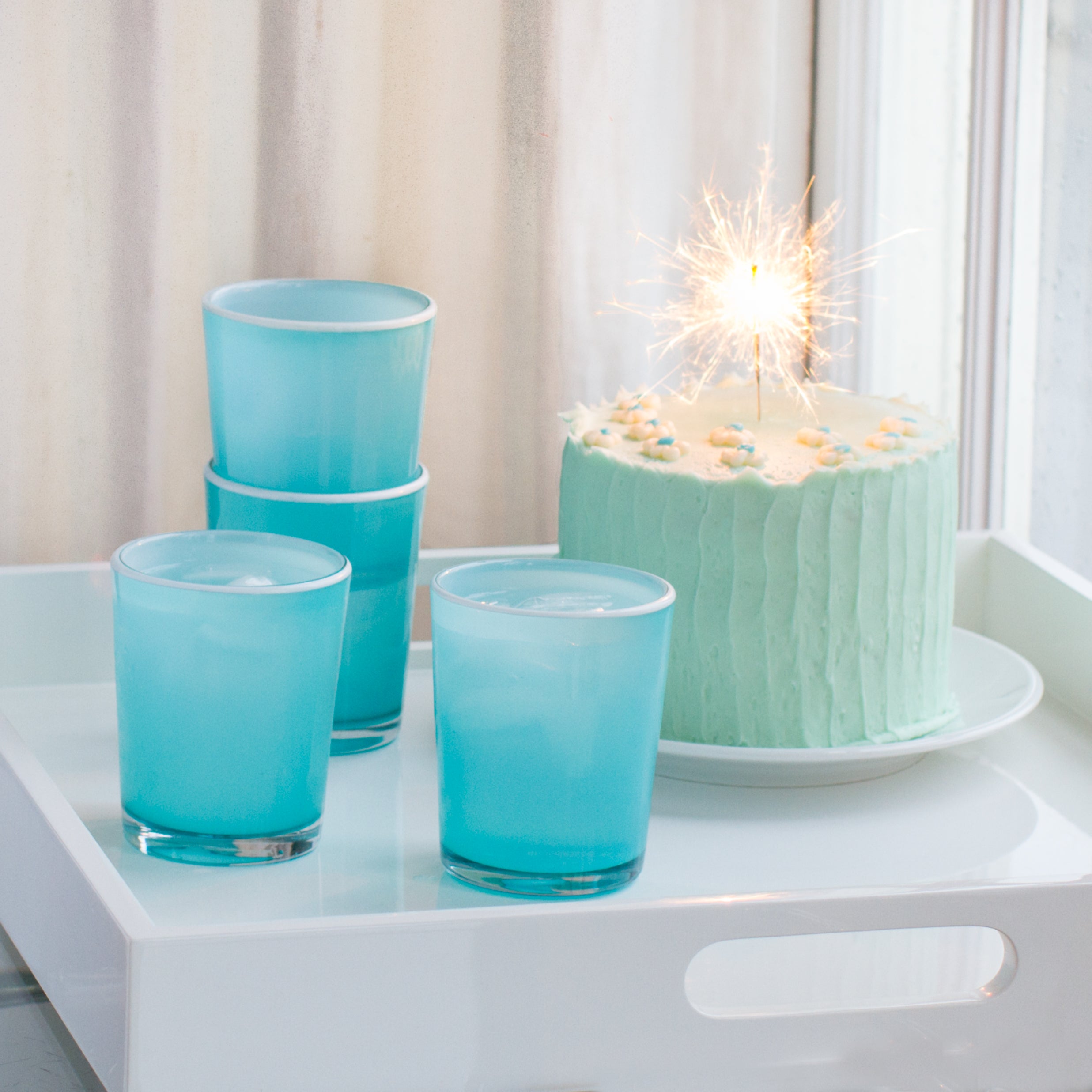 Summer Glass Turquoise & White 15oz, Set of 4